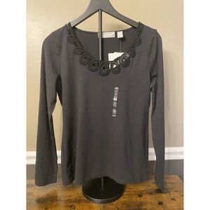 Liz Claiborne Black Long Sleeve Shirt Top Scoop Neckline Lace Trim Size Medium